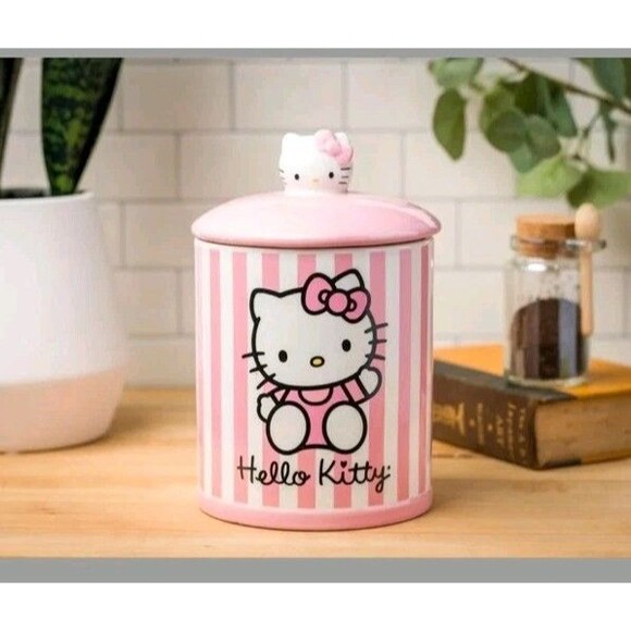 Hello Kitty Pink/White Stripe Canister Cookie Jar 8.5” NEW HTF Rare Sanrio - Picture 6 of 7
